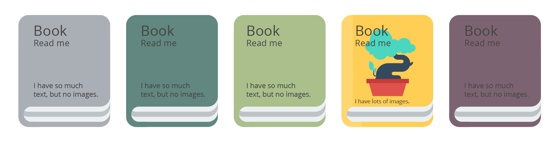 Which book would you choose to read? Wouldn't you pick the one with an image on it? How fast can you figure out each book's subject, or get interested to know more about it? What if these were surveys? Wouldn't you participate in the one that look more welcoming?