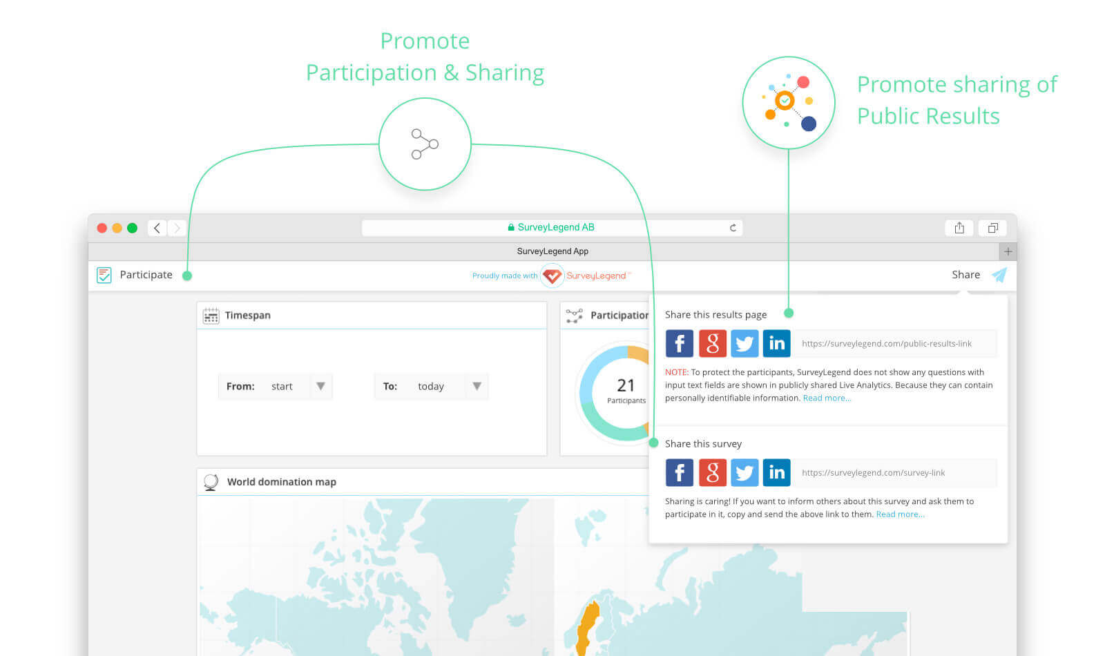 If you allow it, your respondents can promote both your surveys, and your survey's Public and Live Analytics. It can help your survey to become viral, which in turn gives your larger quantity of responses.