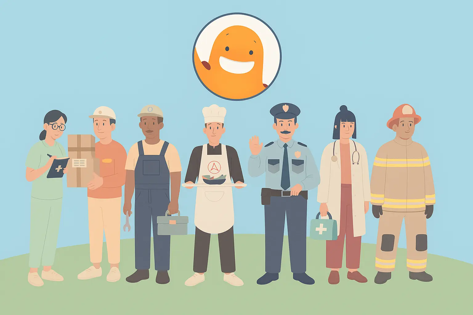 Illustration of various professionals—including a doctor, firefighter, police officer, and construction worker—standing together beneath a smiley face, symbolizing career paths and testing choices. This illustration is ideal for use in career testing surveys, assessments, or guidance tools that help users explore suitable professions.