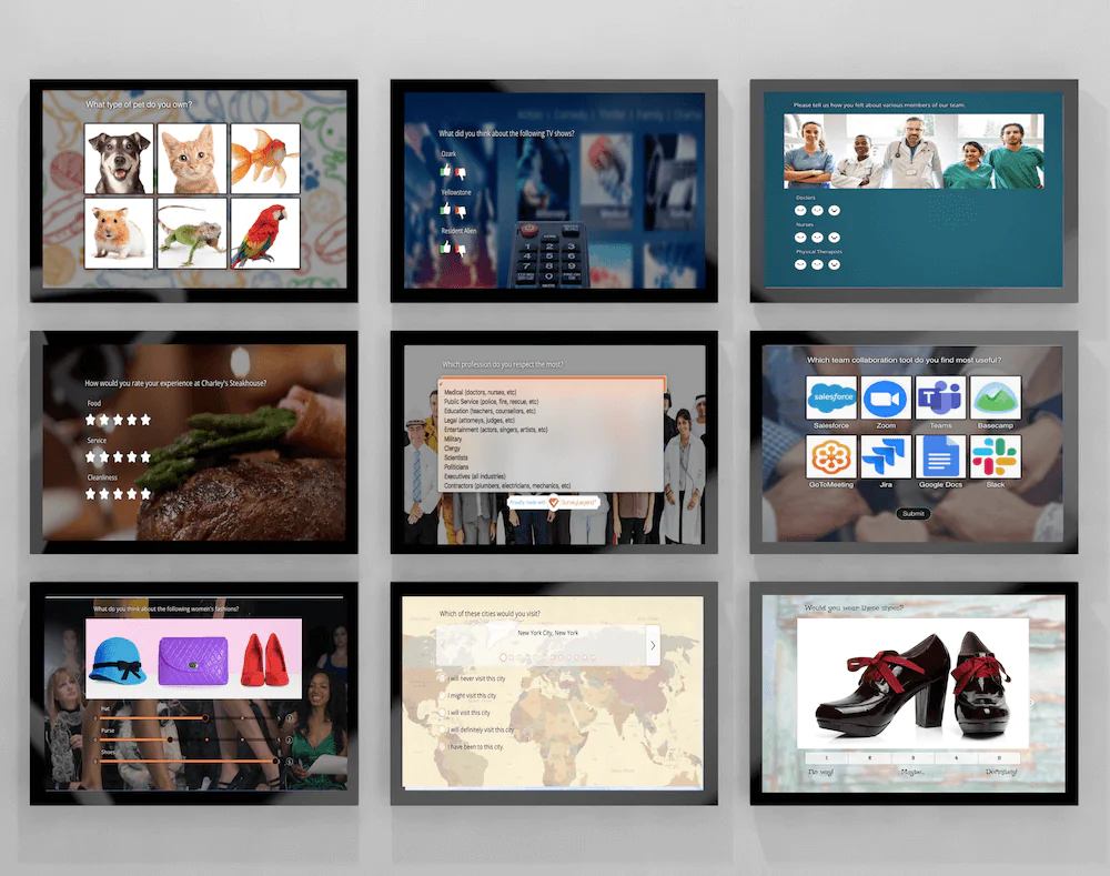 12 Types of Survey Questions – Visual Examples Grid of 9 digital survey screens showing various question types including image choice, star rating, dropdown, sliders, and multiple choice questions designed with SurveyLegend.