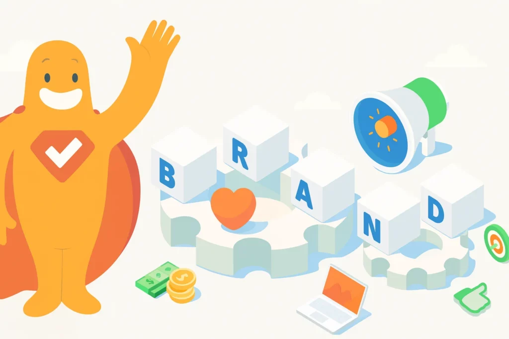 Illustration of the SurveyLegend mascot next to branding elements including cubes spelling BRAND, a megaphone, heart, and marketing icons.