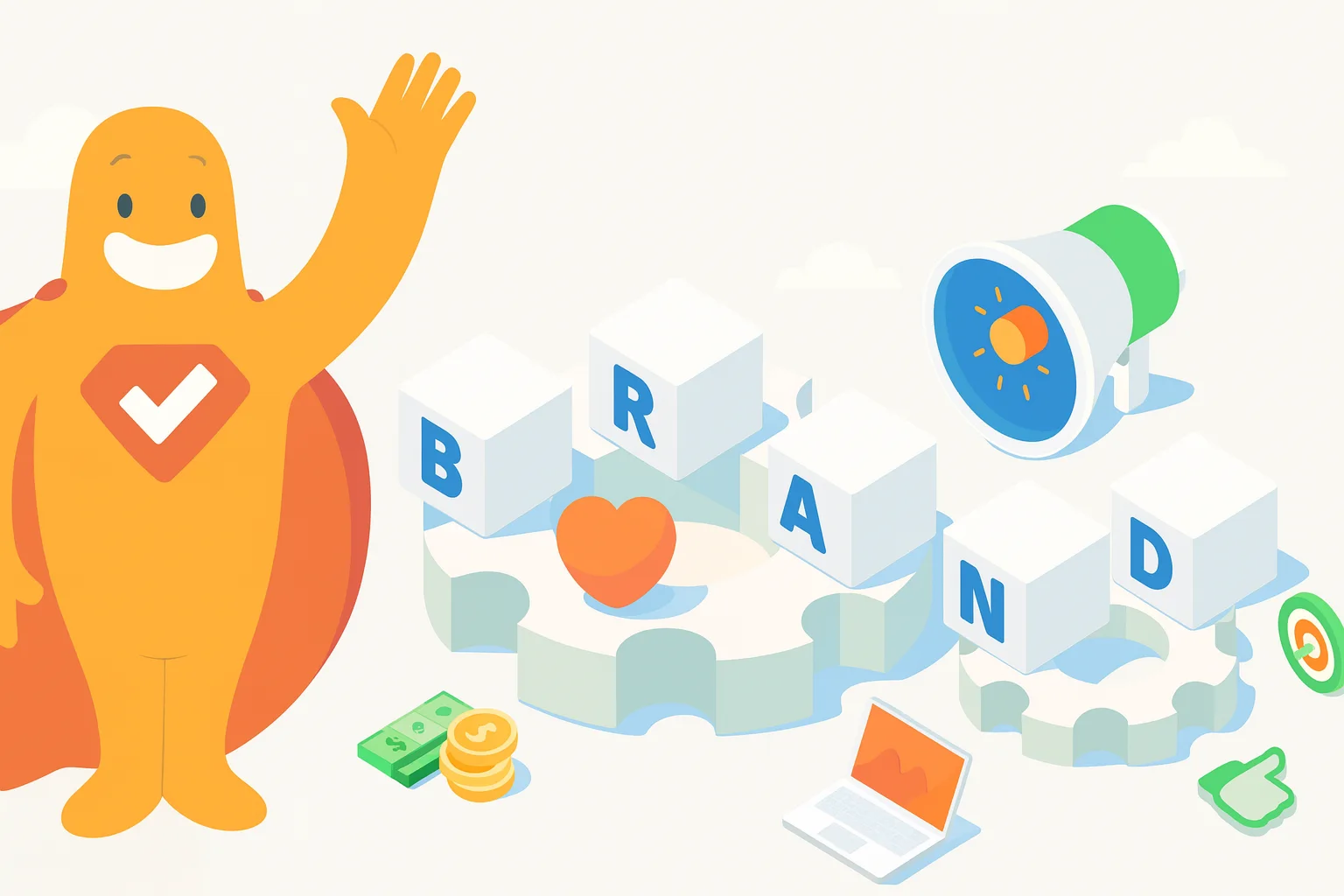 Illustration of the SurveyLegend mascot next to branding elements including cubes spelling BRAND, a megaphone, heart, and marketing icons.