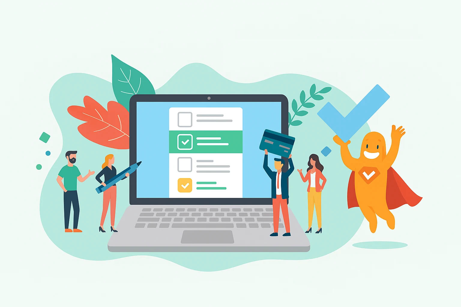 Team designing a SMART survey on a laptop with checklist items and the SurveyLegend mascot celebrating successful survey design.
