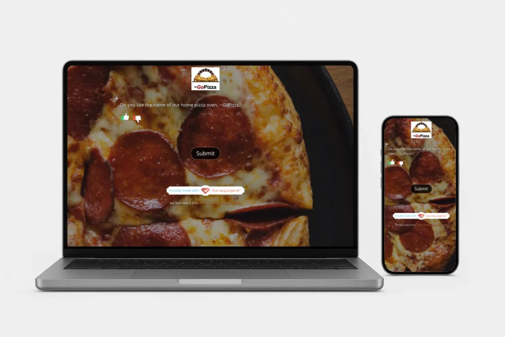 Illustration of a product naming survey displayed on a laptop and smartphone, featuring a pizza-themed example created with SurveyLegend.
