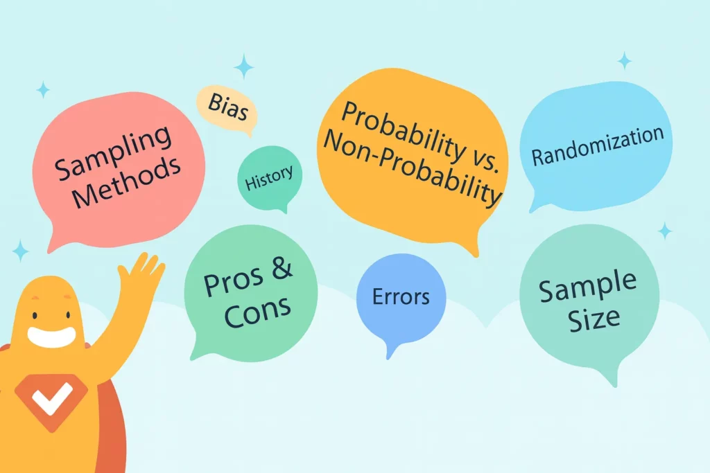 Illustration showing key concepts of survey sampling including bias, randomization, sample size, and probability vs non-probability sampling.