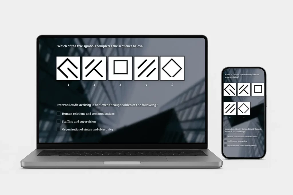 Laptop and smartphone displaying employee knowledge quiz with pattern recognition and multiple-choice questions